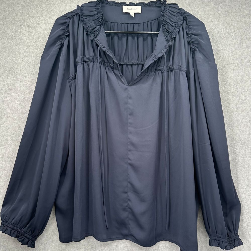 Böhme Eva Pleated BlouseV Neck Black Peasant Cottagecore Boho Size Large